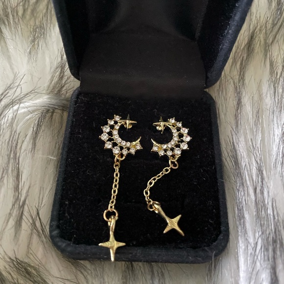 Gold Celestial Crystal Moon Chain Dangle Earrings - Picture 3 of 6